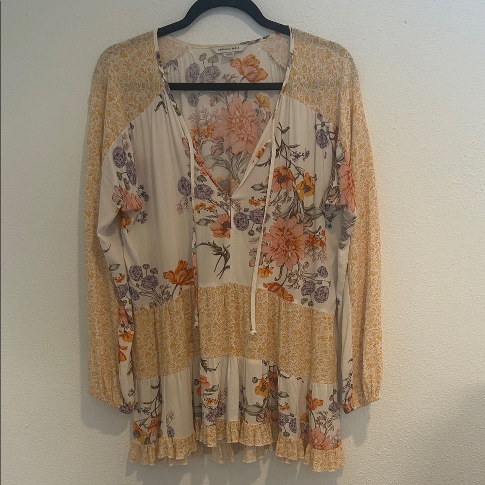 American Eagle Outfitters Floral Peasant Tunic - Cream, Mustard & Purple